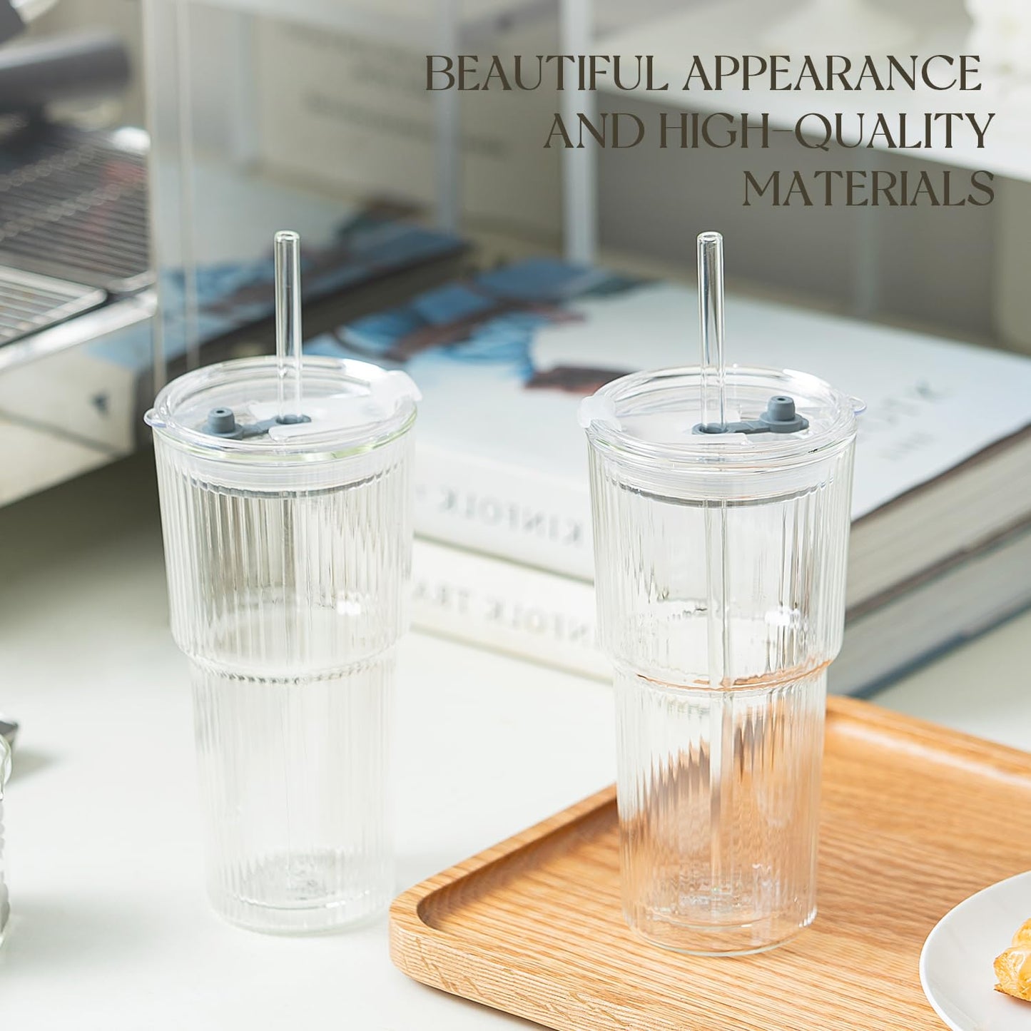 KEMORELA Iced Coffee Cups with Lids 20oz Ribbed Double Wall Glass Cups with Lids and Straws 2PCS, Coffee Bar Accessories, Insulated Borosilicate Glass Tumblers, To Go Coffee Cups, Spill proof tumbler