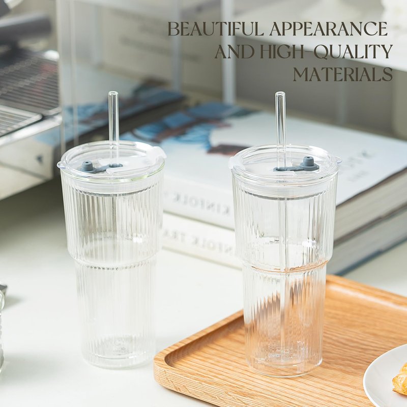 KEMORELA Iced Coffee Cups with Lids 20oz Ribbed Double Wall Glass Cups with Lids and Straws 2PCS, Coffee Bar Accessories, Insulated Borosilicate Glass Tumblers, To Go Coffee Cups, Spill proof tumbler