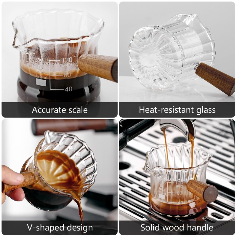 Bincoo Espresso Shot Glass Set of 2, 120 ML Premium Espresso Cups with Handle and Dual-Scale, Espresso Shot Glass with V-Shaped Mouth. Each cup holds 120ML (4oz), ideal for single or double shots.
