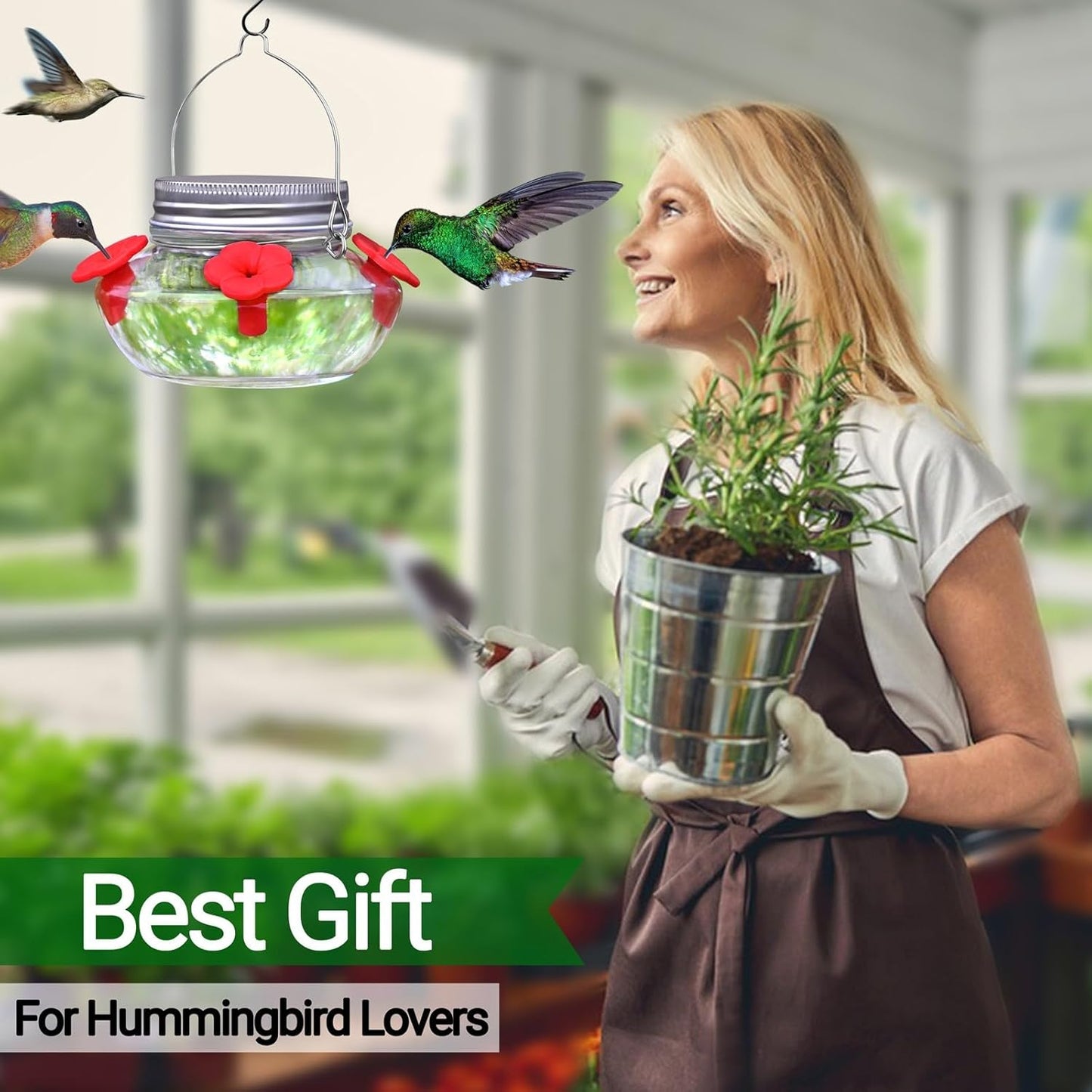 Skiennix Glass Hummingbird Feeder - Cute Mason Jar Design with 4 Silicone Flower Ports | Easy to Clean & Refill