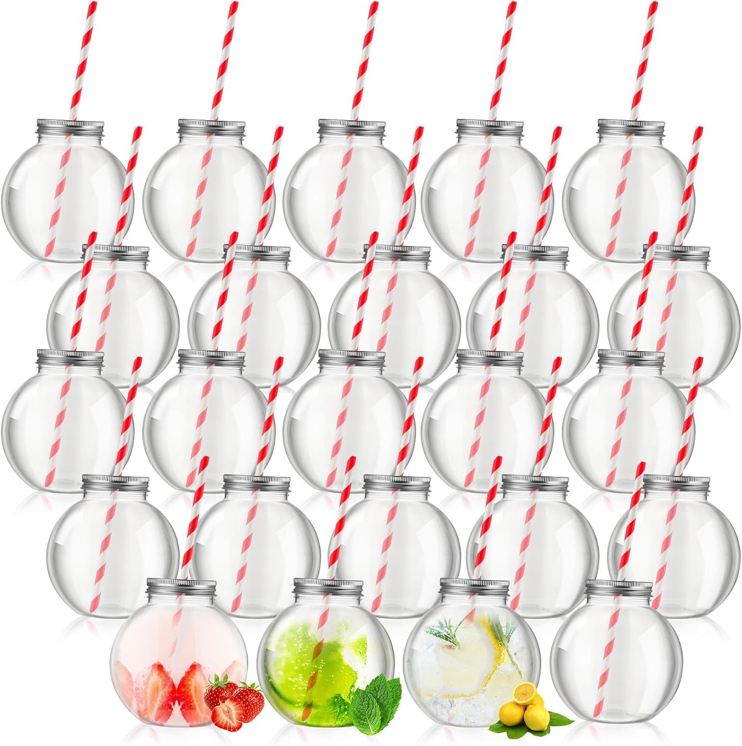 Yaomiao 24 Pcs 10 oz Mini Plastic Fish Bowl Ornament Cups for Drinks Clear Spherical Potion Bottles with Lids and Straws Bulb Cups for Christmas Carnival Candy Party Decorations (Red)