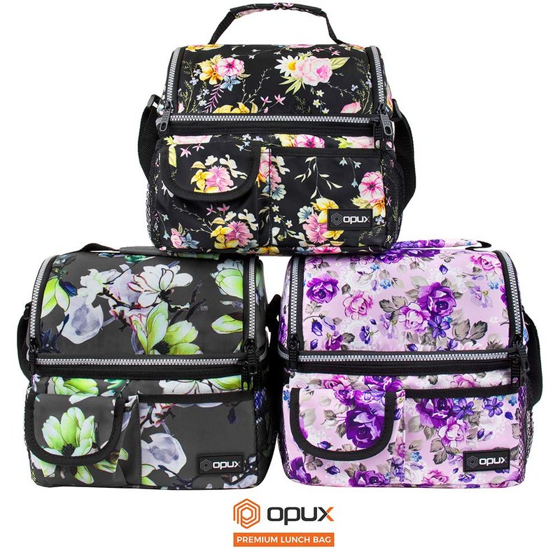 OPUX Insulated Lunch Bag for Women, Double Decker Leakproof Lunch Box Cooler Tote with Shoulder Strap, Large Lunchbox for Work School Travel Meal Prep, Adults Kids Men Girls Boys, Floral Gray, 16 Cans
