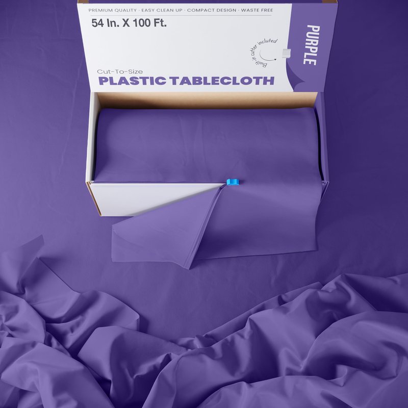 Party Solids 54 Inch X 100 Feet Purple Plastic Table Cover Roll in A Cut - to - Size Box with Convenient Slide Cutter. Cuts Up to 12 Rectangle 8 Feet Plastic Disposable Tablecloths