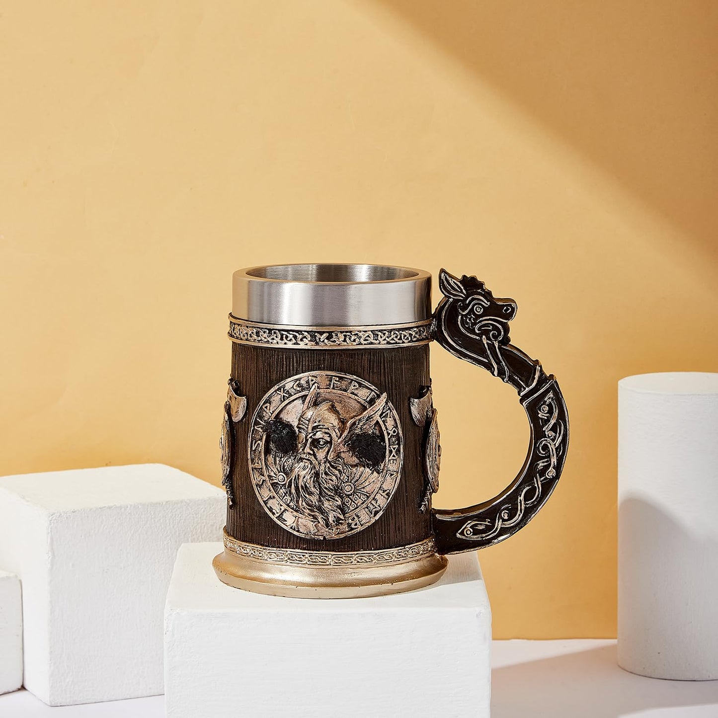 Ottalent Viking Mug Nordic Mythology Odin and Thor beer stein mug, Viking gift tankard stainless steel liner 17oz.,beer gift for men father’s day