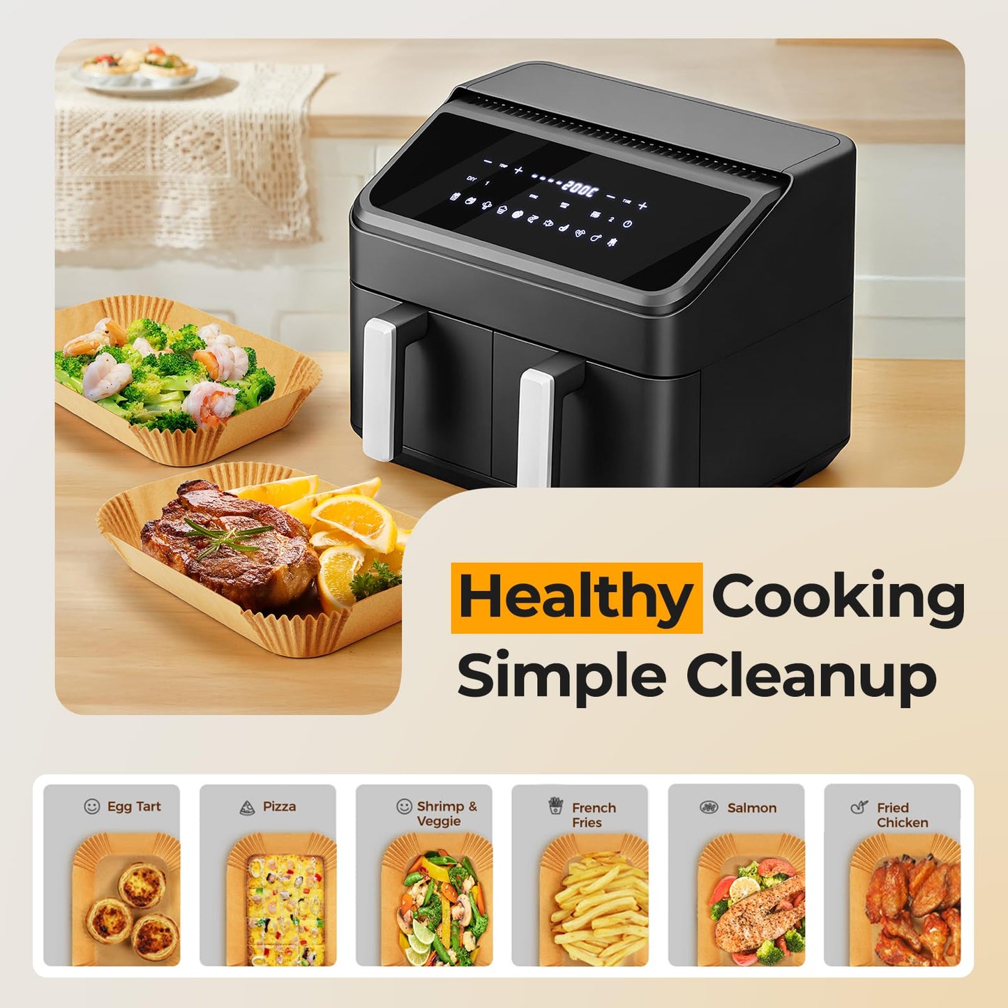 Air Fryer Liners Disposable for Dual Basket, 250Pcs 8x5.5 Inch Rectangular Parchment Paper for Ninja DZ201 DZ401, Chefman/COSORI 2-Basket Air Fryer, Oil Proof Baking Paper Sheets by Vailnd