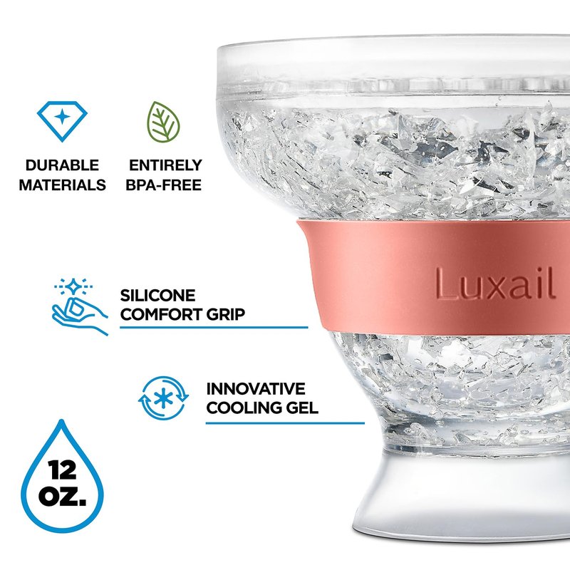 luxail Margarita Glasses, Plastic Margarita glasses Set of 2, Double Wall Insulated, Stemless Freeze Cooling Cups With Gel, Chiller Set of 2 Coral, 12 Oz Capacity, Margarita gifts