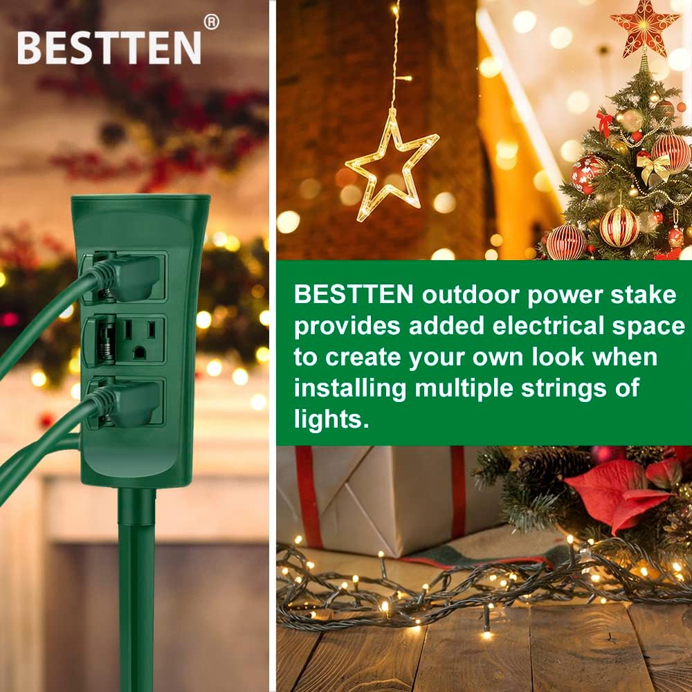 Outdoor Power Strip with Covers - 6-Outlet Yard Stake, 9ft Cord & Overload Protection