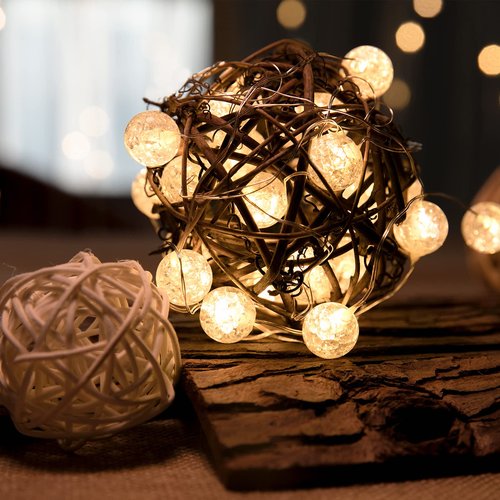HuTools Globe String Lights for Bedroom, Decorative Lightning, Christmas Lights, Crystal Crackle Ball Lights 10Ft 30 LED Soft White Battery Operated Fairy Lights Perfect for Valentine's Day Decor