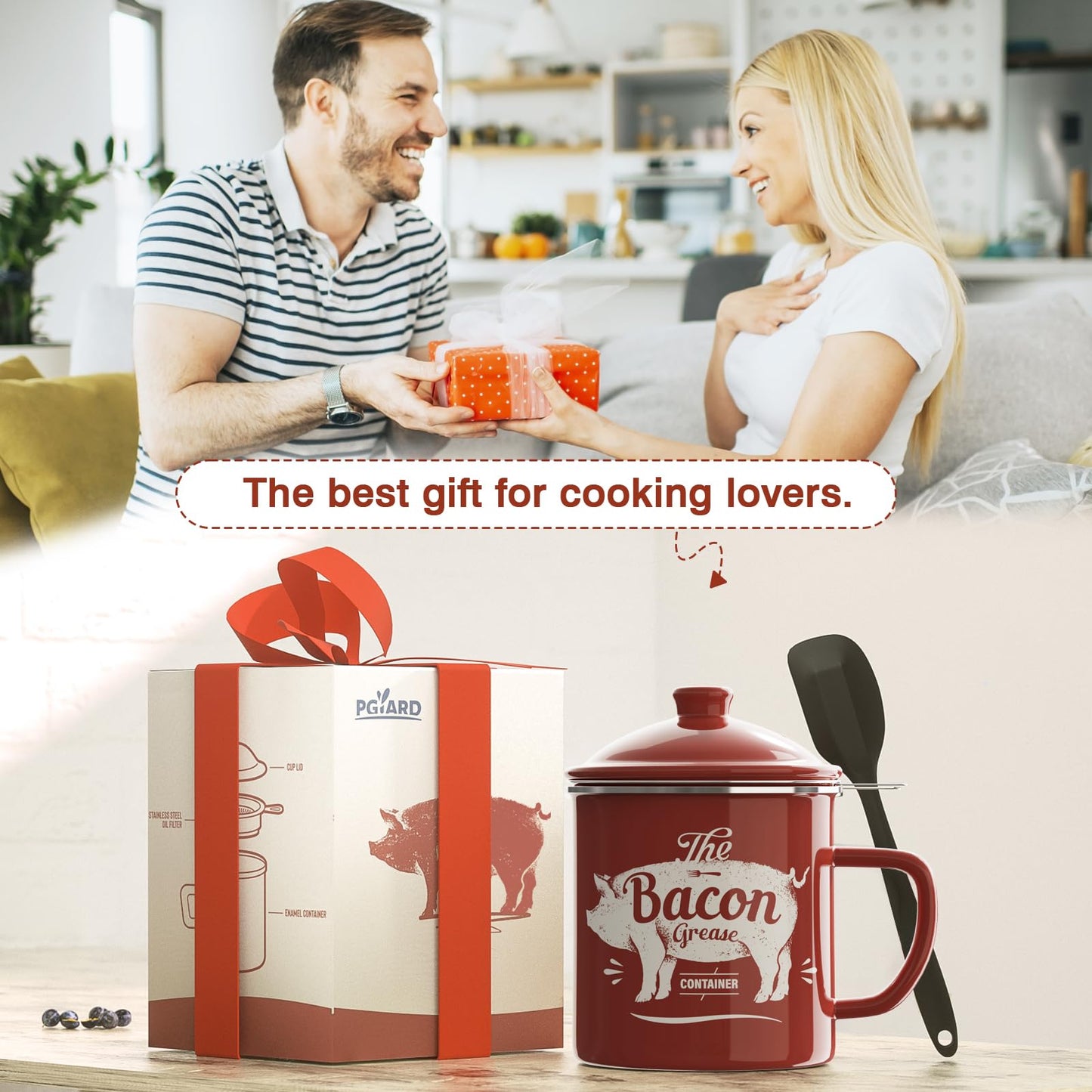 Bacon Grease Container With Strainer, 46OZ Large Enamel Grease Container, With Silicone Spatula, Farmhouse Bacon Grease Keeper, Cooking Oil Container For Kitchen Fat Storage, Dishwasher Safe-Red