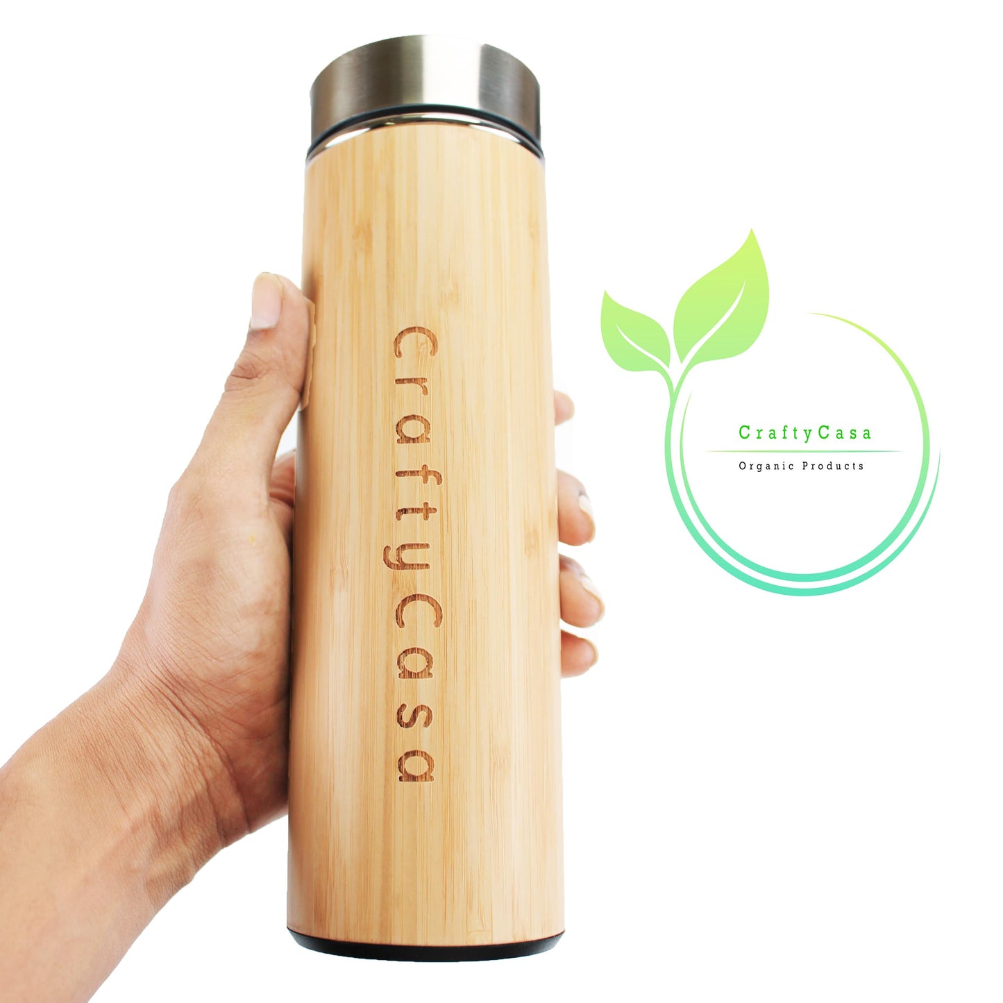 CRAFTYCASA Premium Bamboo Thermos with Tea Infuser 500ml/17oz capacity - Vacuum Insulated 304 Stainless Steel Travel Tea Tumbler Infuser Bottle for Leaf Tea & Coffee - Hot & Cold for 12 Hrs