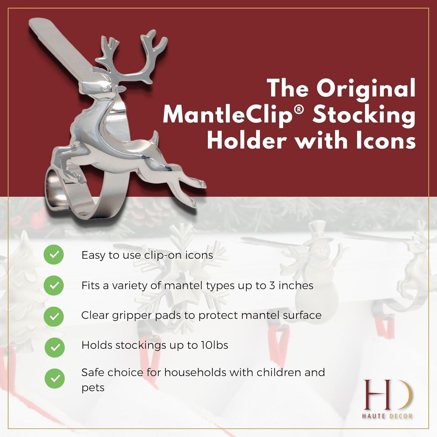 Gold MantleClip Stocking Holders Set - 4-Pack Removable ZINC Alloy Holiday Icons
