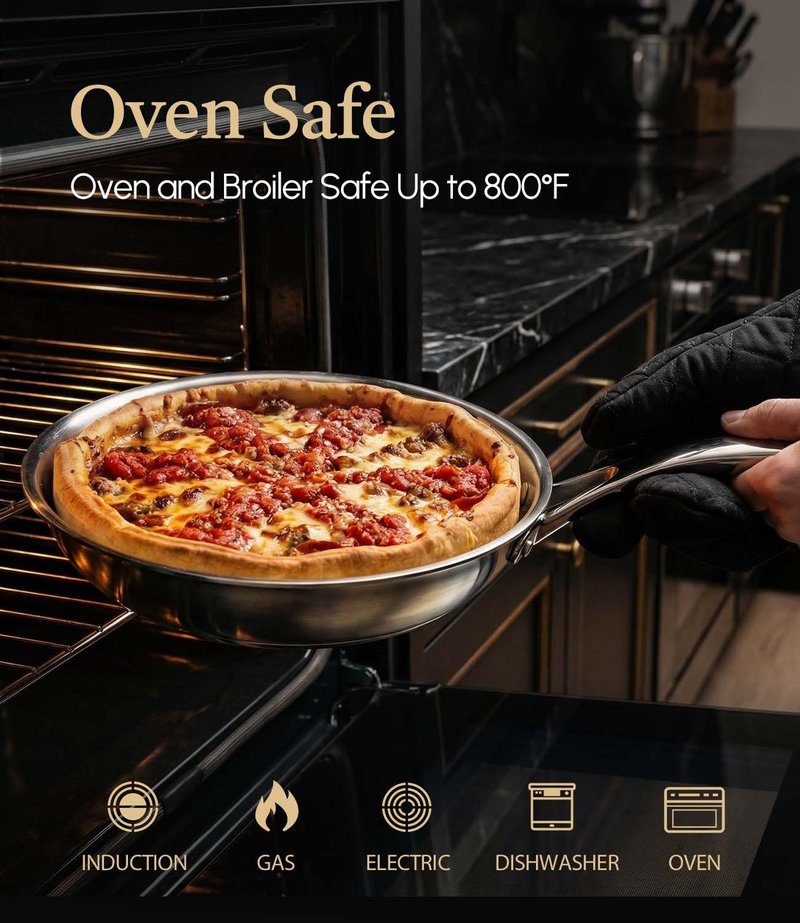 Lebof 8 Inch Stainless Steel Pan with Lid, 5-Ply Clad Base 800℉ Safe Frying Pans for Even Heating, Premium Cookware for Induction, Gas,Electric&Oven