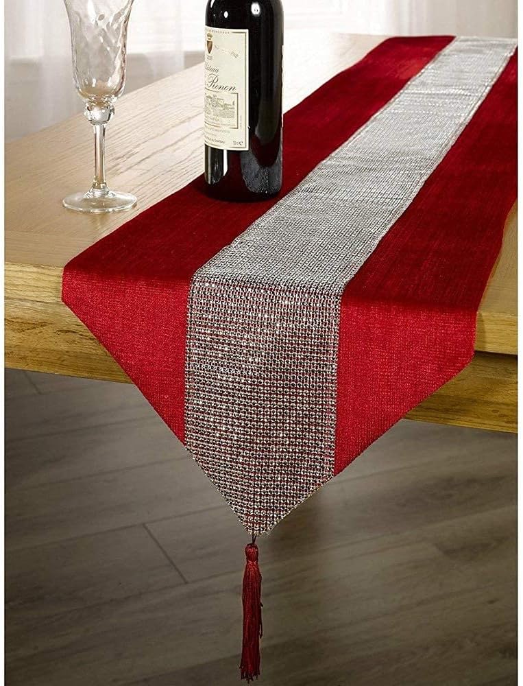 Red 13x72 Inch Table Runner with Diamante Strip & Tassels - Elegant Home Decor