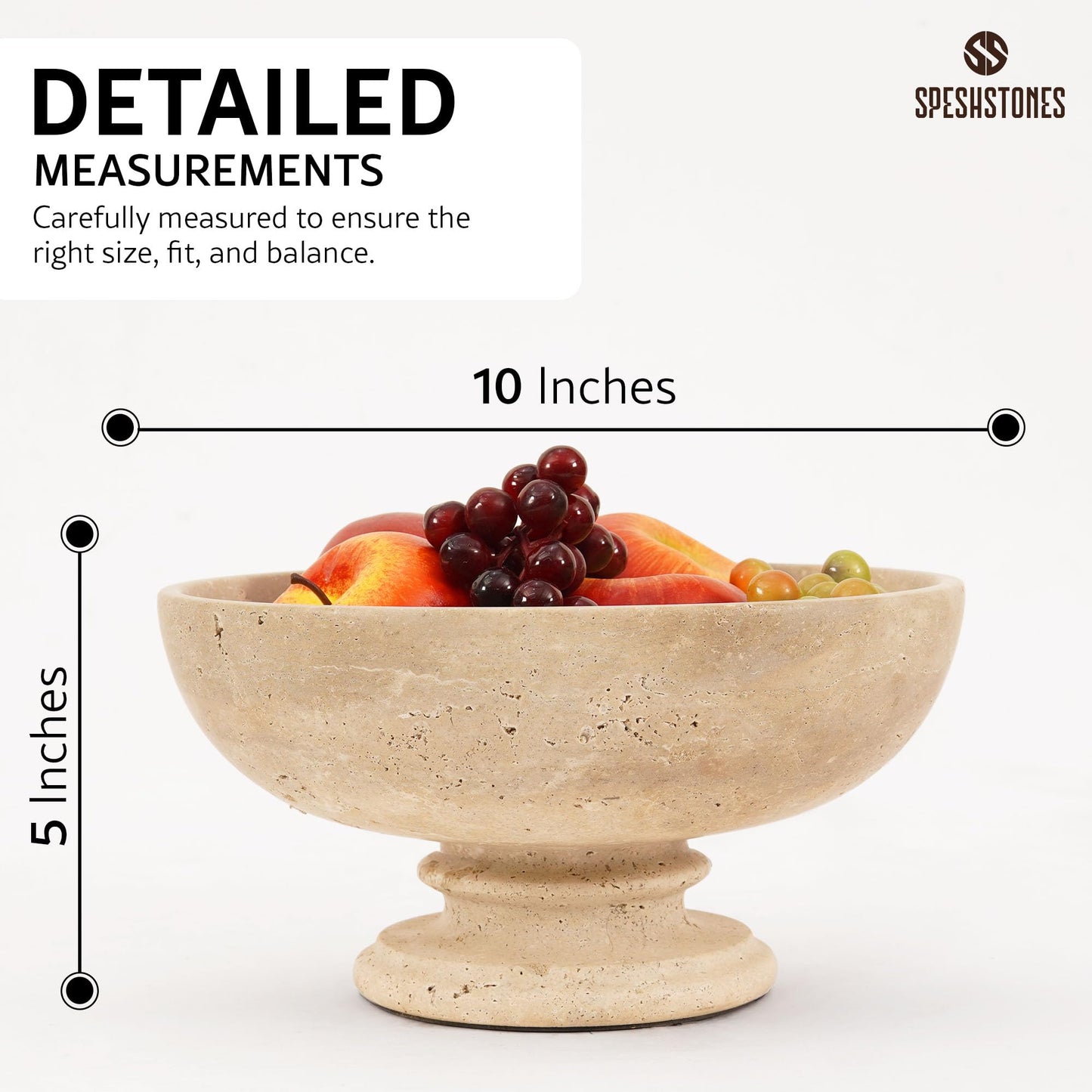 SPESHSTONES Marble Fruit Bowl for Kitchen Counter 10 Inch Handmade Travertine Serving Bowls for Dining Tables Centerpieces, Gifts & Home Decor, Candy Dish, Decorative Pedestal Bowl for Fruits Storage