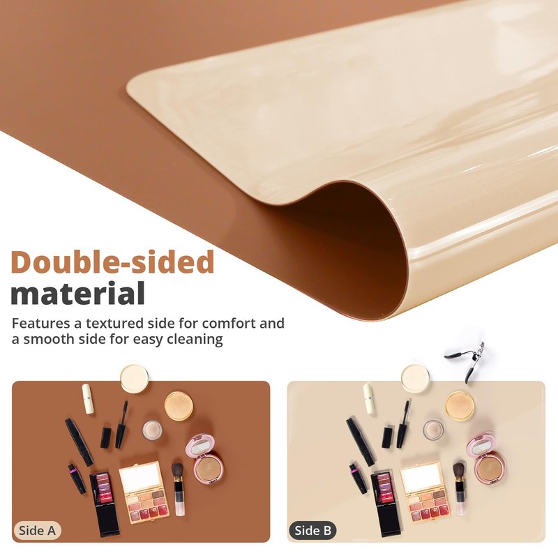 LovePads Makeup Mat for Vanity, 14 x 24 Dual-Sided Desk Pad & Vanity Cover Top, Waterproof PVC Protector Mat for Dresser, Nail Art, Craft Table (Brown+Beige)