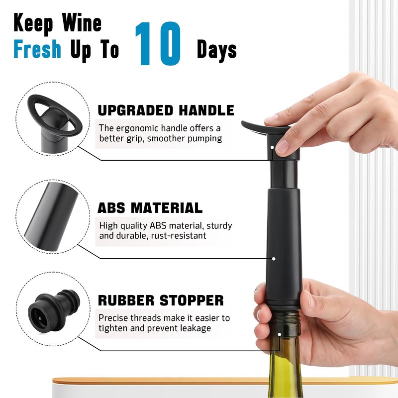 OWO Wine Vacuum Pump and 8 Stopper, Wine Saver & Preserver, Reusable Air Remover Pump Keeps Fresh