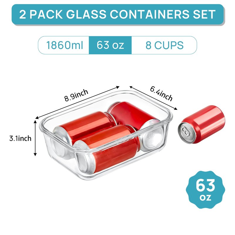 Vtopmart 2Pack 1860ml/63oz Large Glass Storage Containers with Lids, Meal Prep Food Container Set with Snap Airtight Lid for Baking, Microwave, Oven, Leak Proof, for Freezer, Dishwasher, Grey