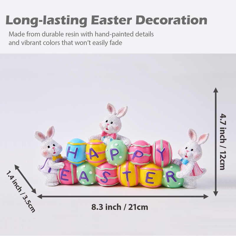 yumhum 3 Bunny Holding Eggs and Happy Easter Decorations, Resin Easter Bunny Rabbits Figurine Tabletop Centerpiece for Spring Decor Easter Home Office Party Decor