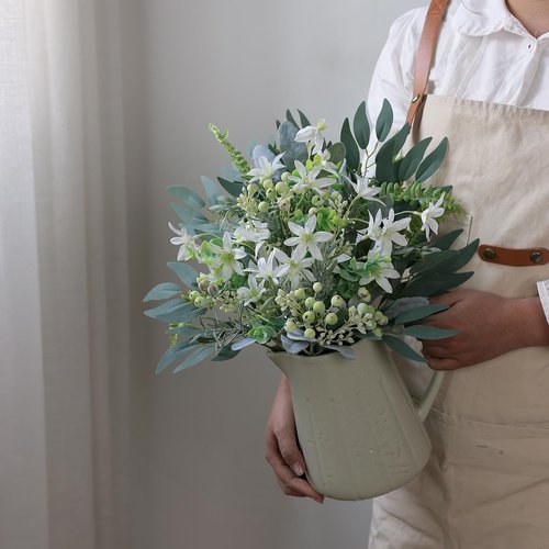 FOTEEWL 70 Pcs Artificial Greenery Stems Box Set,with 8 Kinds of Faux Plants and Fake Flowers for DIY Bridal Bouquets Wedding Floral Arrangement Table Centerpieces Decoration (Sage Green & White)