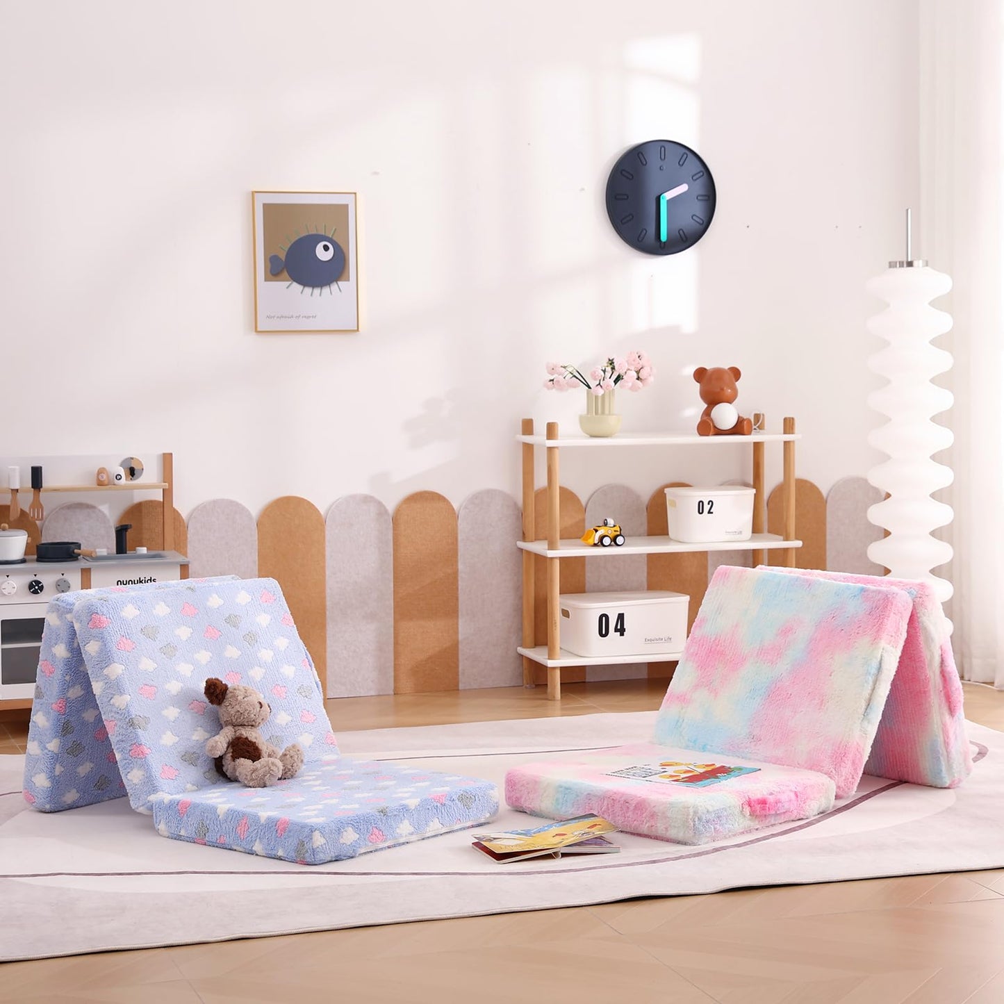 Tiita Toddler Foldable Floor Mattress for Kids, Small Floor Nap Mat for Sleeping Daycare, Kids Trifold Chair, Portable Toddler Tri Folding Mattress for Girls and Boys,Blue Cloud