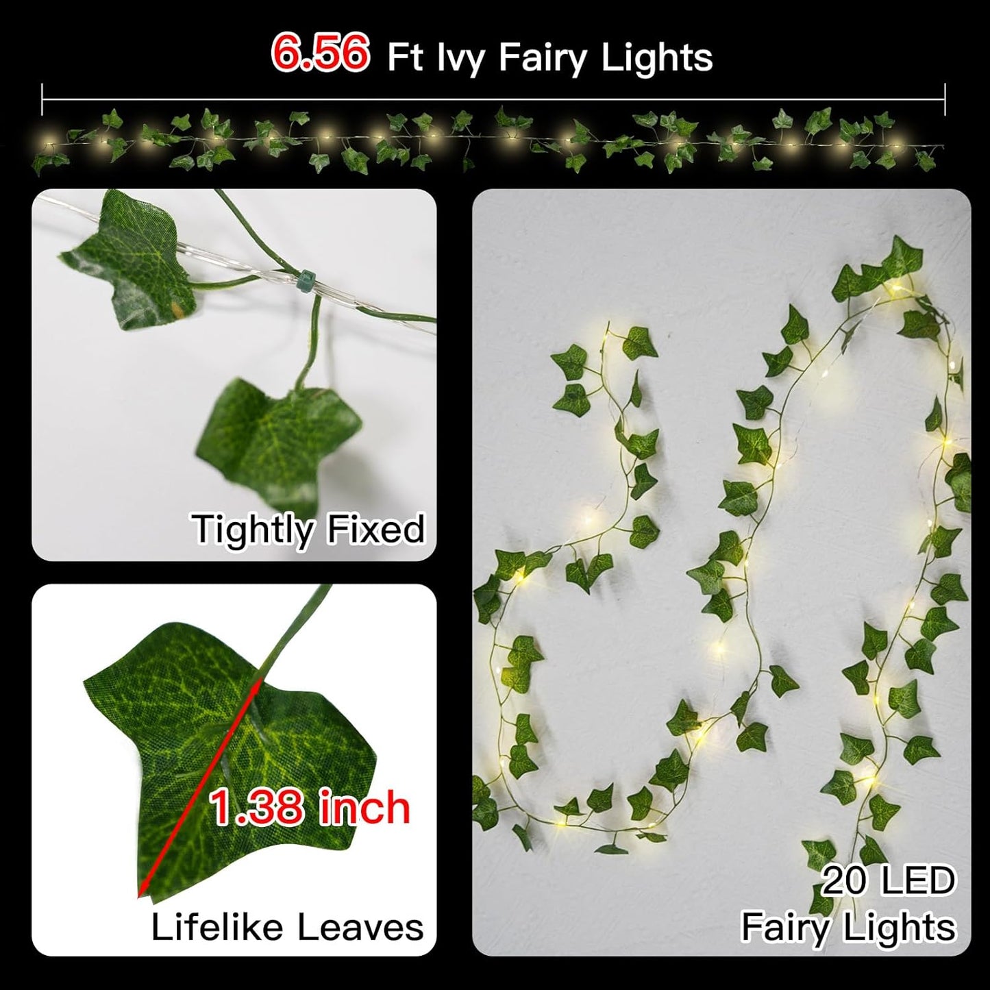 Suddus Ivy Vines String Lights - 20 LED Battery Operated Fairy Lights with Timer | 6.56FT Warm White Decor for Bedroom, Garden, Party, Wedding