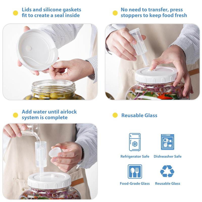 2 Pack Large Fermentation Jars, 1.5 Gallon Glass Jars with 100% Airtight Lid & 3 Airlocks, Large Mason Jars with Scale Line, Pickle Jar, Sourdough Starter Jar for Veggies, Sauerkraut, Kombucha