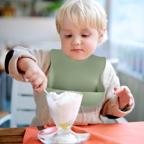 Eascrozn Silicone Bibs - Set of 3 Soft, Adjustable, BPA-Free Waterproof Feeding Bibs for Babies