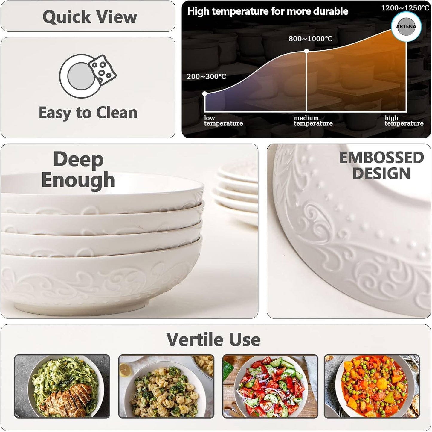 Artena Pasta Bowls Set of 4 - 32oz Ceramic Salad Bowls | 8-Inch White Embossed Design, Microwave & Dishwasher Safe