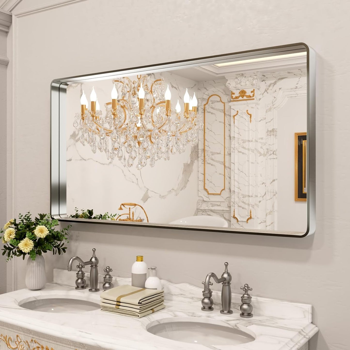 LOAAO Brushed Nickel Bathroom Mirror - 55X30 Inch Rounded Rectangle Design | Anti-Rust & Shatterproof