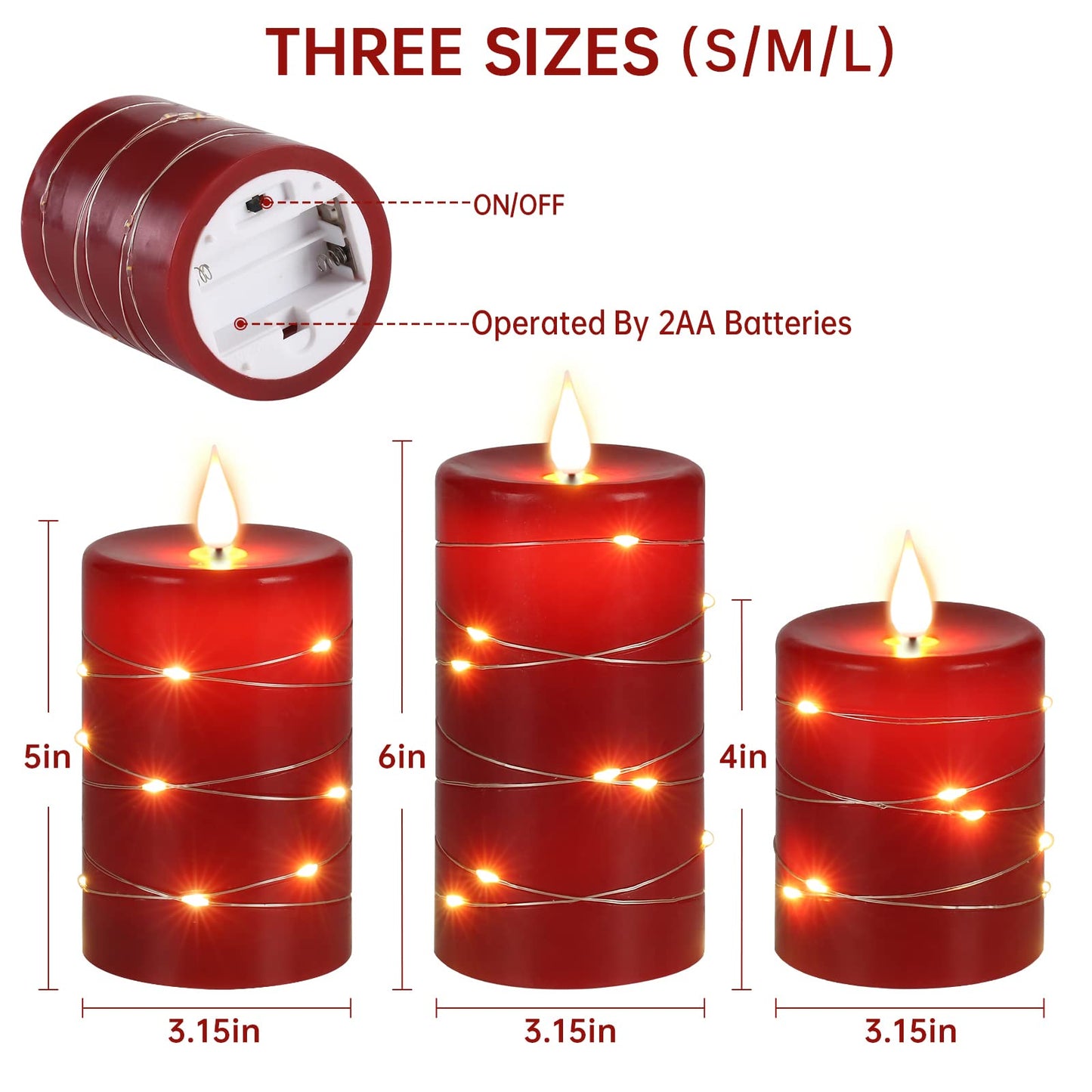 Upinmz Red Flameless Candle with Remote Control and Timer,Flickering Battery Operated Candles with String Lights,LED Pillar Candles,Set of 3