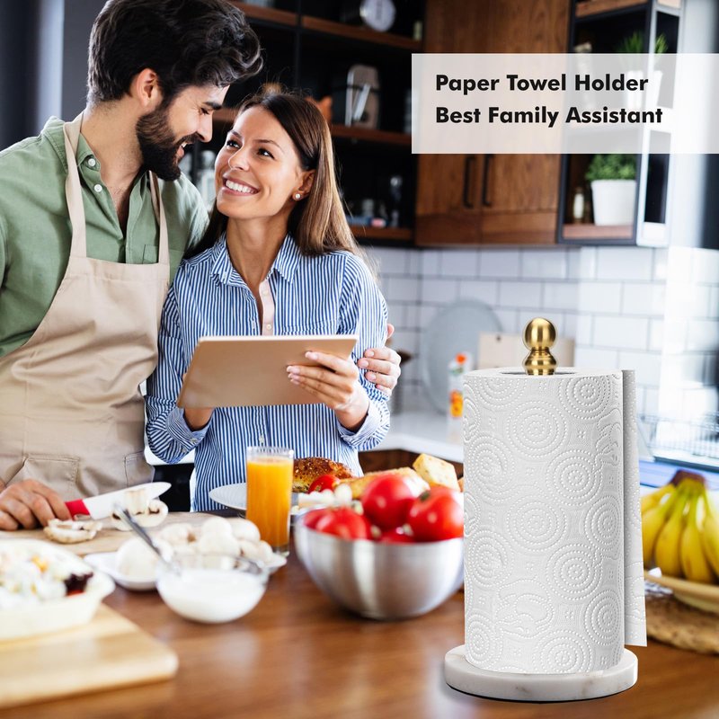 Exilon Gold Paper Towel Holder Countertop, Standing Paper Towel Roll Holder for Kitchen Bathroom, with Weighted Base for One-Handed Operation