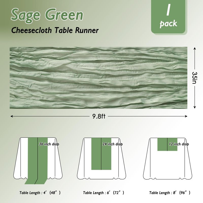 Sage Green Table Runner 35x120 Inch Cheesecloth Table Runner 1 Pack for Baby Shower, Boho Decor, Wedding Decoration, Jungle Theme Party
