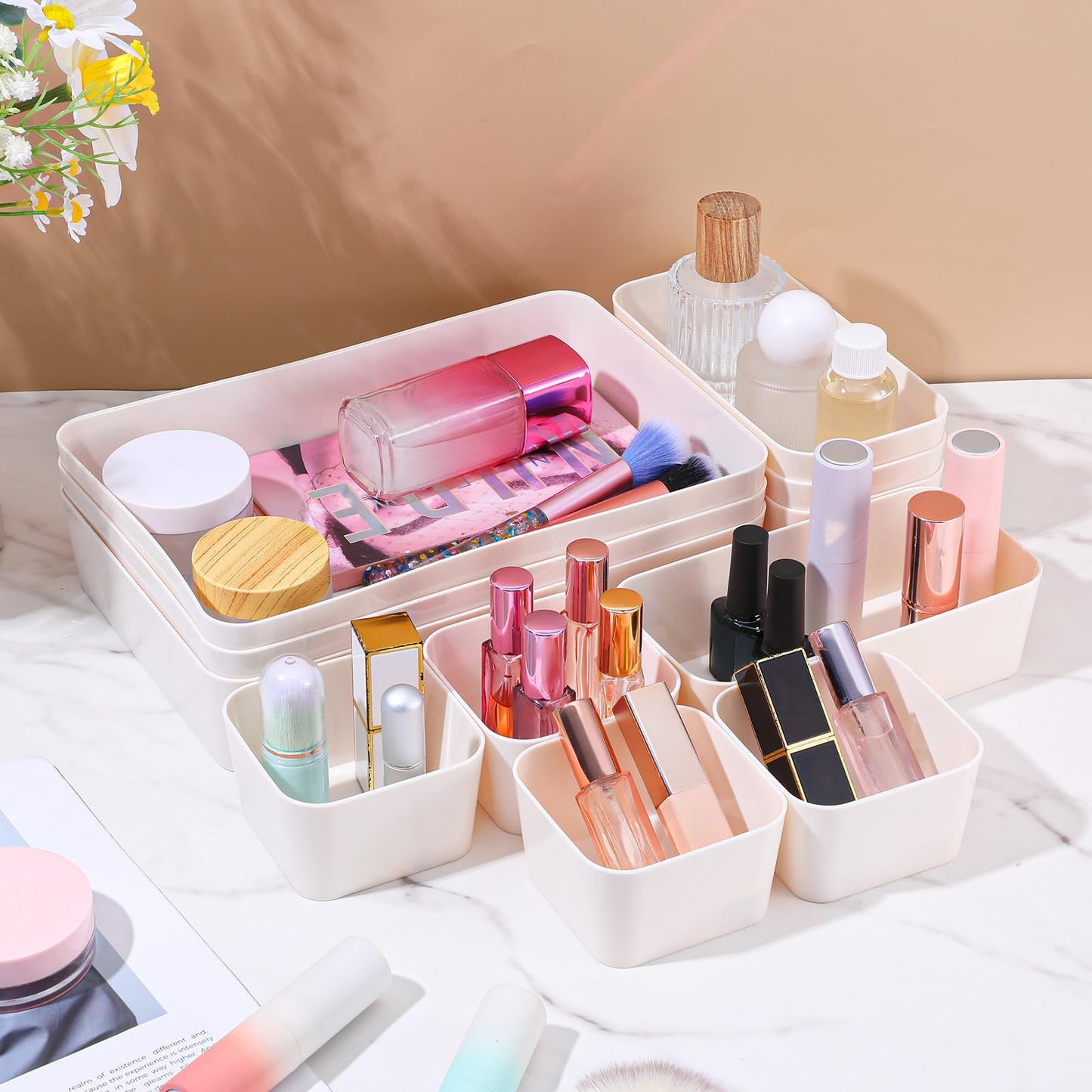 Kifmurase 11Pcs Stackable Plastic Drawer Organizer Set, 3 Sizes Desk Drawer Divider Organizers, Vanity Organizer Trays for Makeup, Jewelry, Gadgets, Bathroom Storage Bins for Kitchen, Bedroom