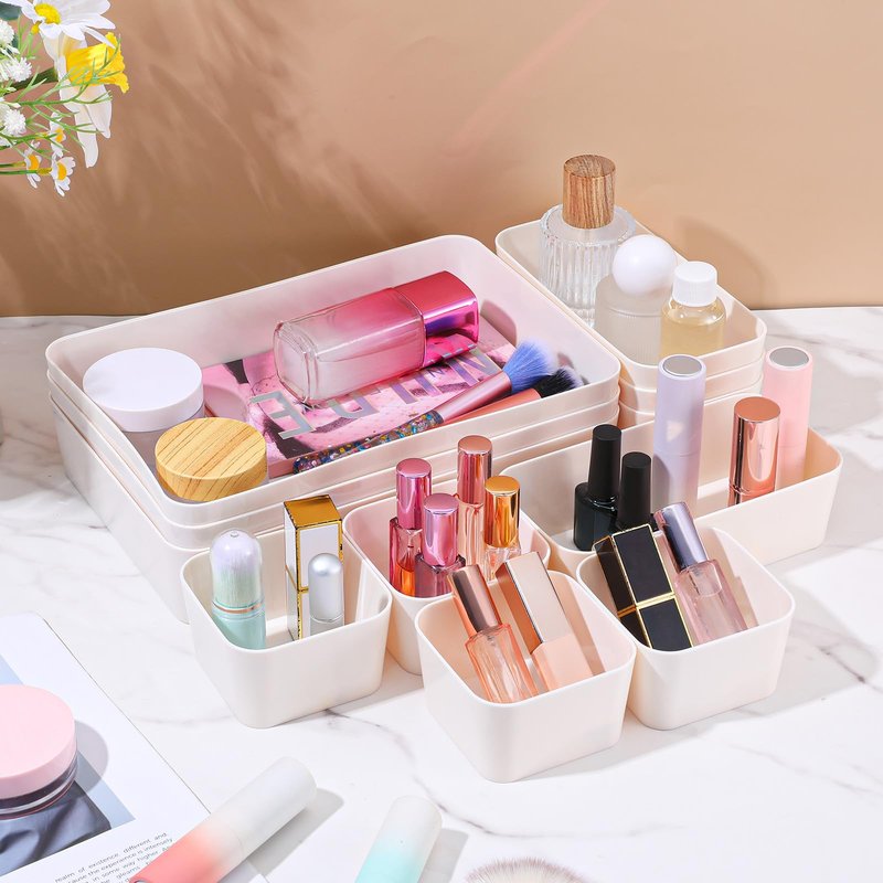 Kifmurase 11Pcs Stackable Plastic Drawer Organizer Set, 3 Sizes Desk Drawer Divider Organizers, Vanity Organizer Trays for Makeup, Jewelry, Gadgets, Bathroom Storage Bins for Kitchen, Bedroom