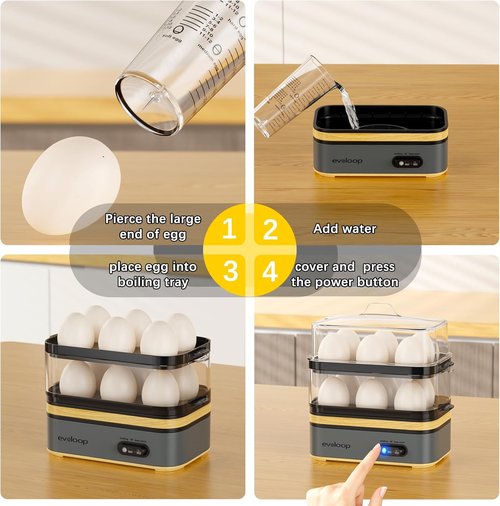 Evoloop Electric Egg Cooker - Rapid 12 Egg Capacity for Soft, Medium, Hard Boiled & Poached Eggs | BPA Free Grey