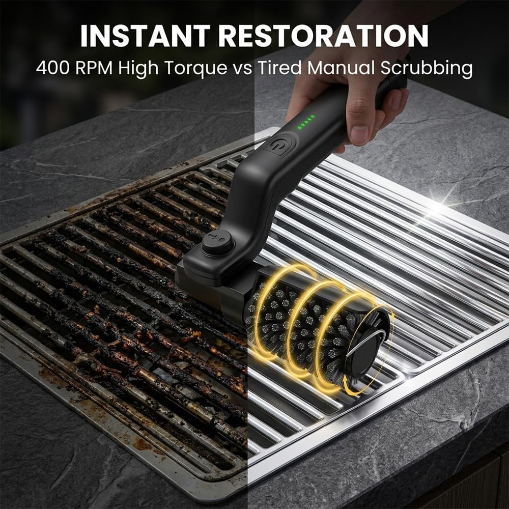 Skiennix Electric Grill Brush - Cordless BBQ Cleaner with 3 Speed Settings & Rechargeable Battery