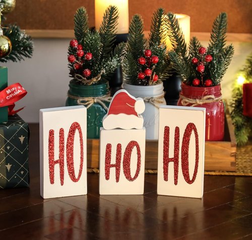 Ho Wood Christmas Blocks - Festive Wooden Tabletop Signs for Holiday Decor | Set of 4 (White)