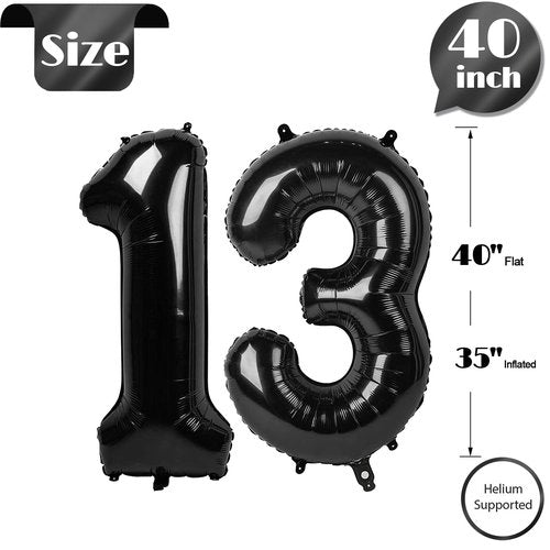 Black Number 13 Balloon 40 Inch, 13th Birthday Party Decorations for Children, Giant 13 Foil Balloon for Party Supplies