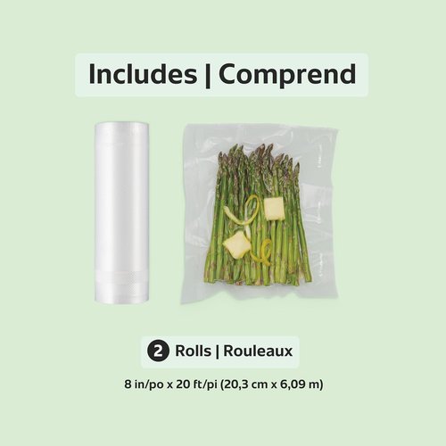 FoodSaver Vacuum Sealer Bags - Custom Fit Airtight Food Storage Rolls, 8" x 20' (Pack of 2)