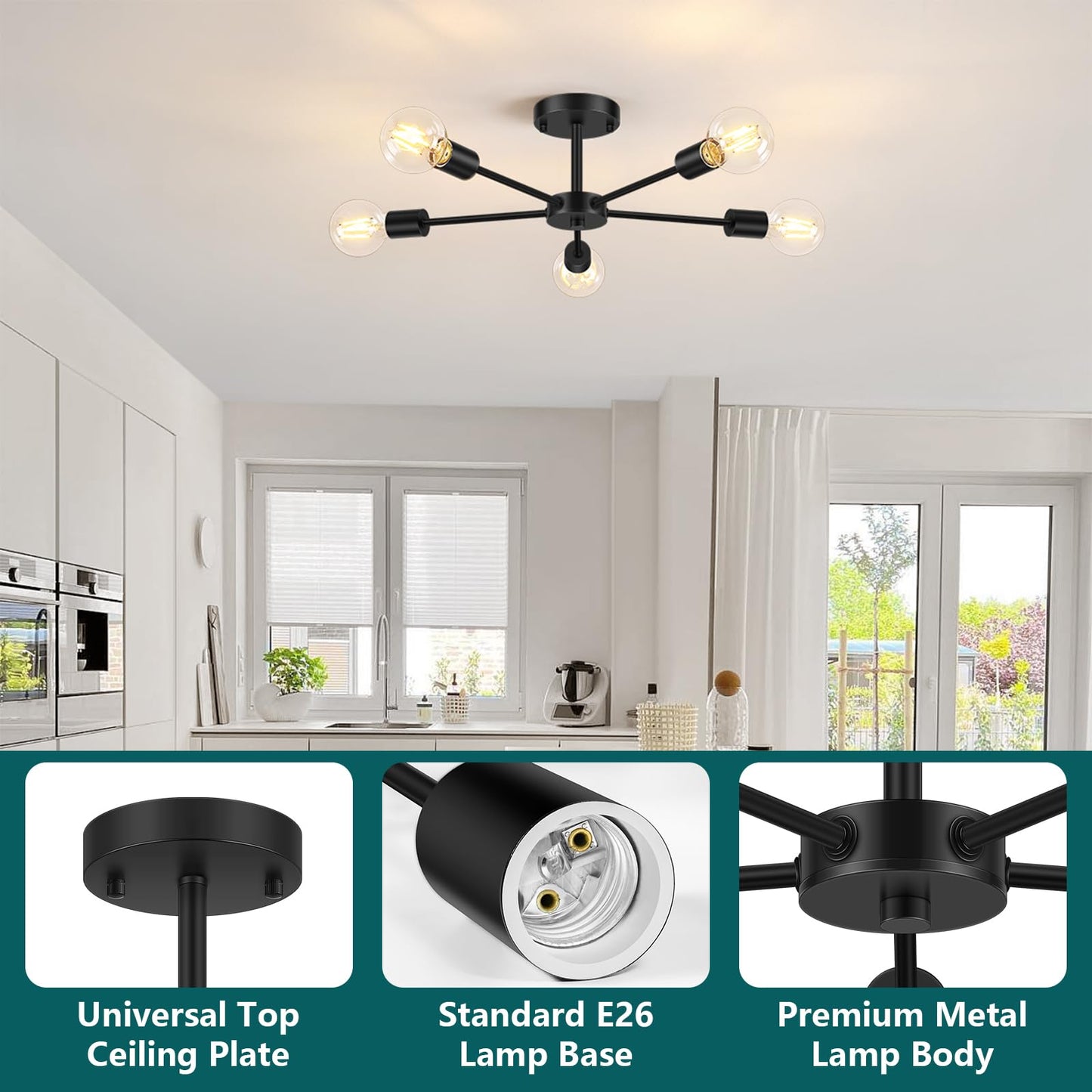 Lomoky 5-Lights Black Semi Flush Mount Ceiling Light, Hallway Light Fixtures Ceiling with E26 Base, Modern Sputnik Light Fixtures for Kitchen Bedroom Living Room