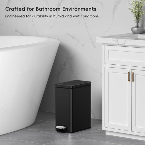 EKO Small Bathroom Trash Can - Soft Close Lid & Step Pedal | 10L Stainless Steel, Matte Black