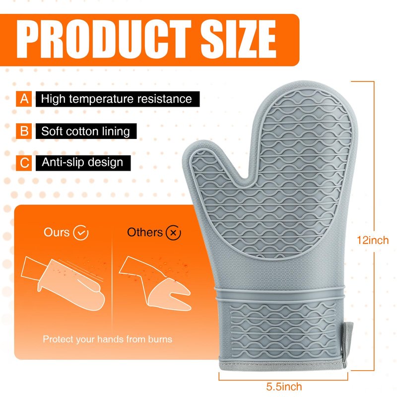 Silicone Oven Mitts, Heat Resistant 2PCS Oven Mitts with Soft Cotton Lining, Waterproof Non-Slip Grip Oven Glove, Kitchen Potholder Mits for BBQ, Baking, Cooking, 12.5 Inch - Grey