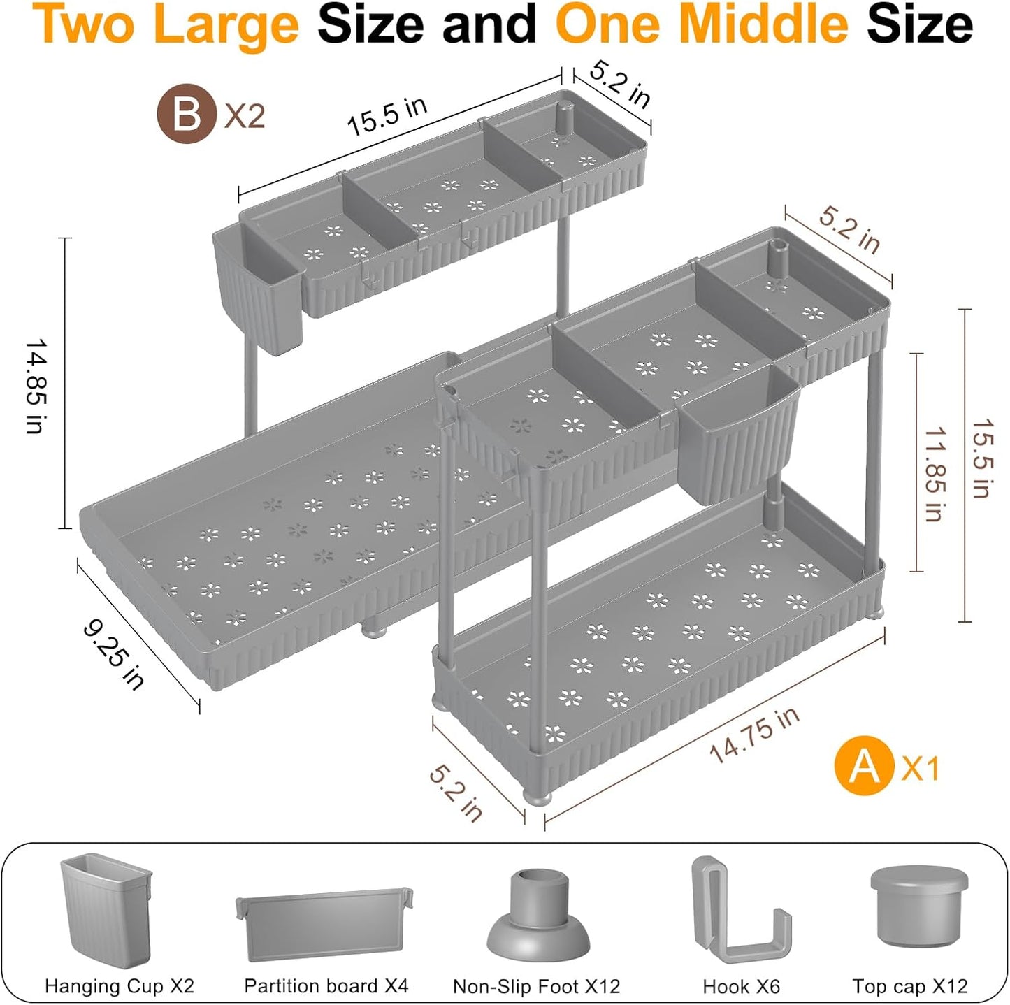 Sevenblue Multi-Purpose Under Sink Organizers - 3 Pack L-Shaped Cabinet Storage (Grey, 14.85 Inch)