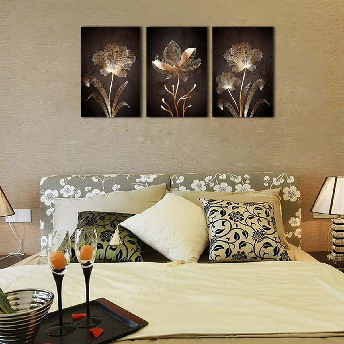 arteWOODS Abstract Wall Art Golden Flowers Canvas Pictures Contemporary Minimalism Abstract Artwork for Bedroom Bathroom Living Room Wall Decor 16" x 24" x 3 Pieces