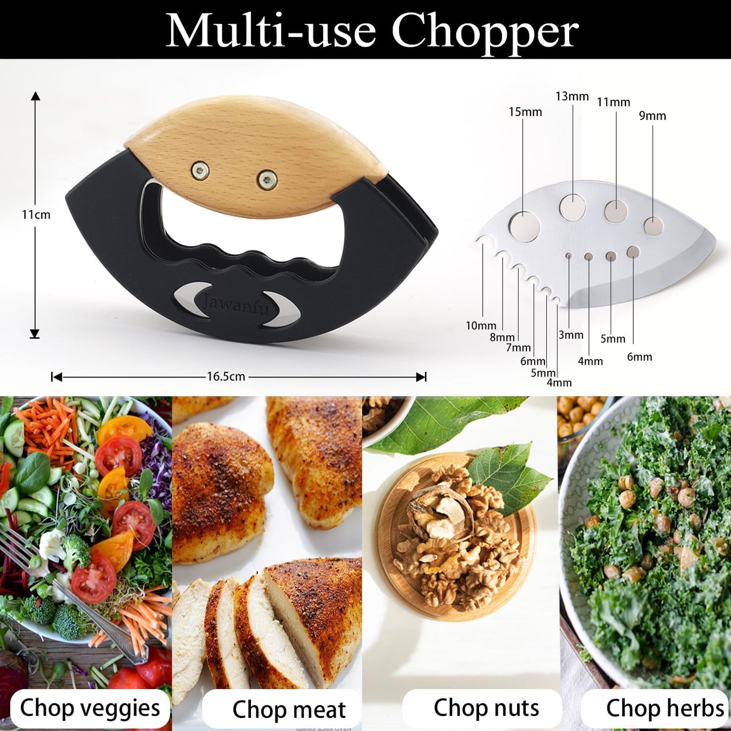Jawanfu Salad Chopper, Ultra-sharp Salad Chopper Knife for Chopped Salad, Handheld Lettuce Chopper Kit for Salad Bowl, Wood Handle Salad Cutter, Stainelss Steel, Well Made (Double Blade)