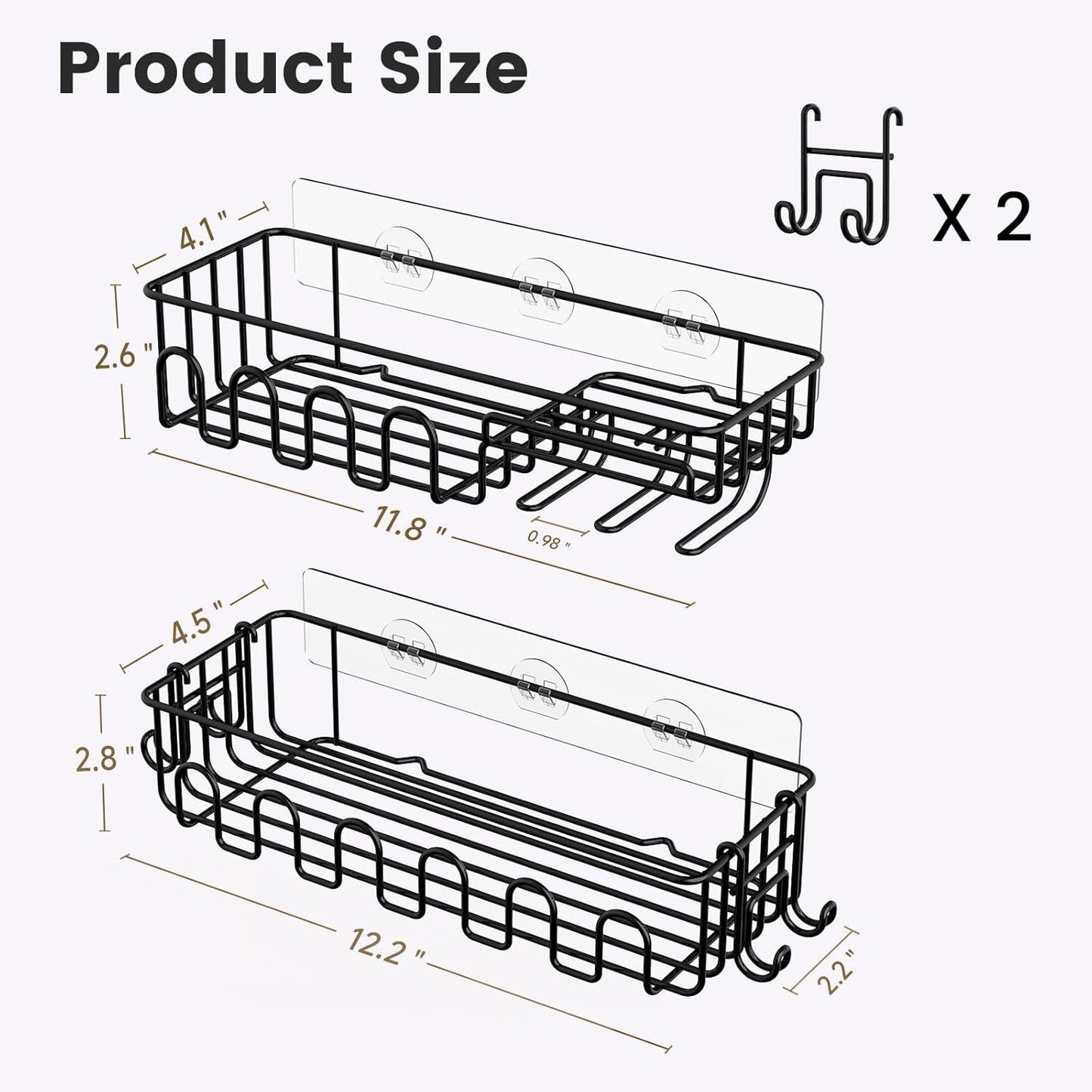 Saydear Adhesive Shower Caddy - Rustproof Metal Bathroom Storage Shelf with 2 Bonus Hooks | 4-Pack, Drill-Free Black
