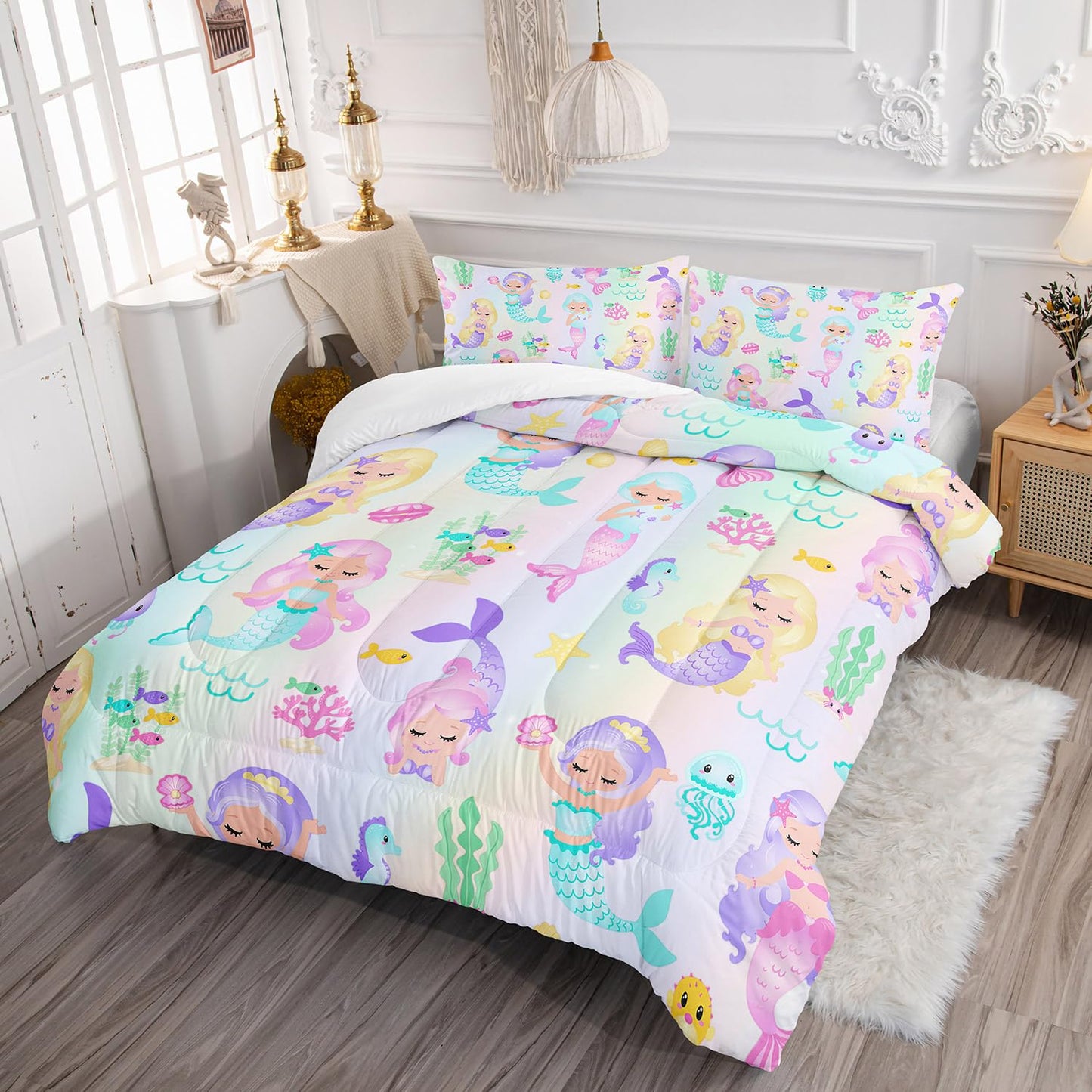 XYNHML Rainbow Mermaid Comforter Set Twin/Full/Queen Size Fairy Tale Sea Shell Grass Bedding Set Starfish Jellyfish Quilt Bed Set for Kid Girls with 1 Comforter and 2 Pillowcases