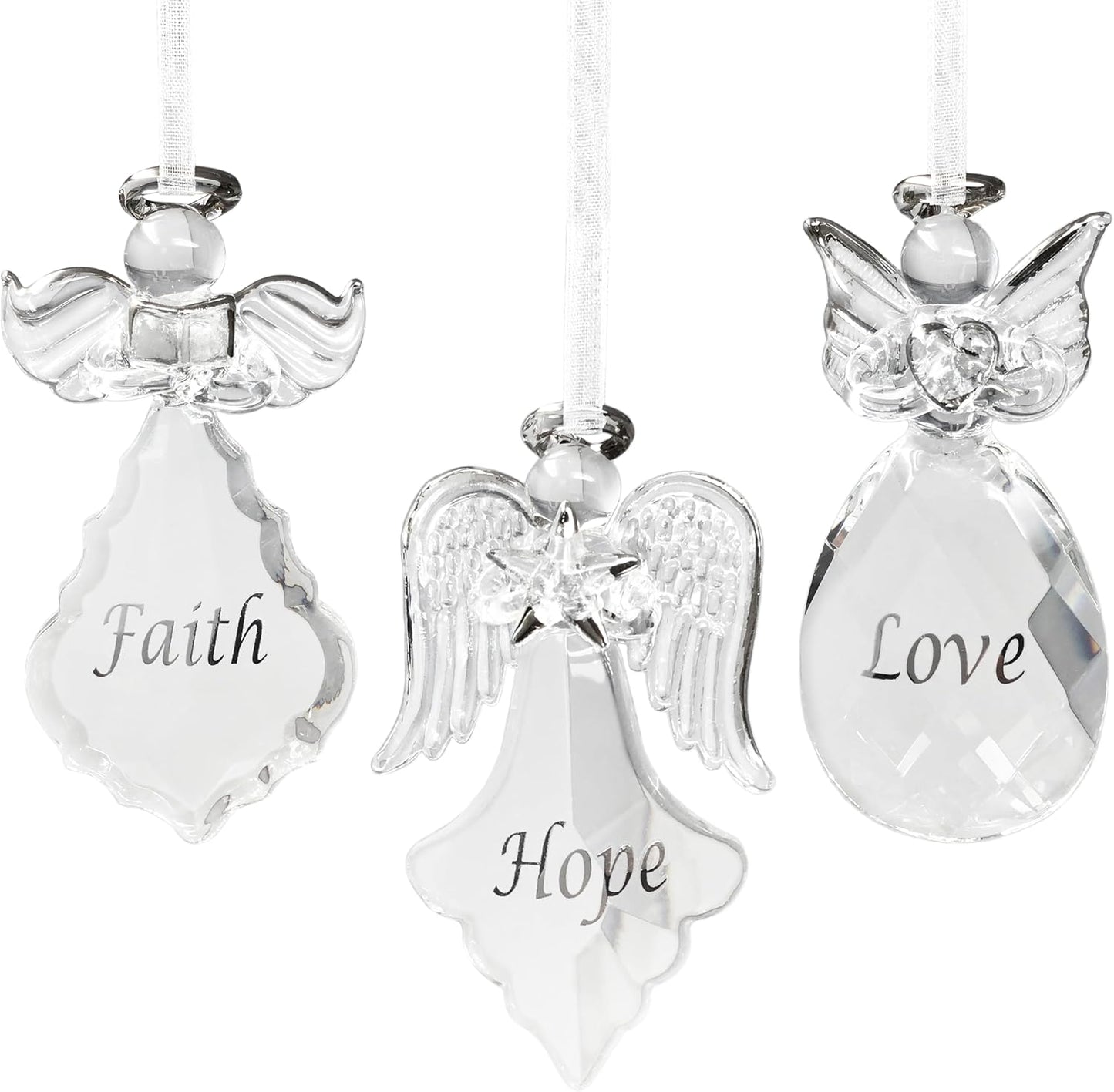 Set of 3 Crystal Faith Hope Love Angel Ornaments for Christmas Decor - 3.5" H x 2" W