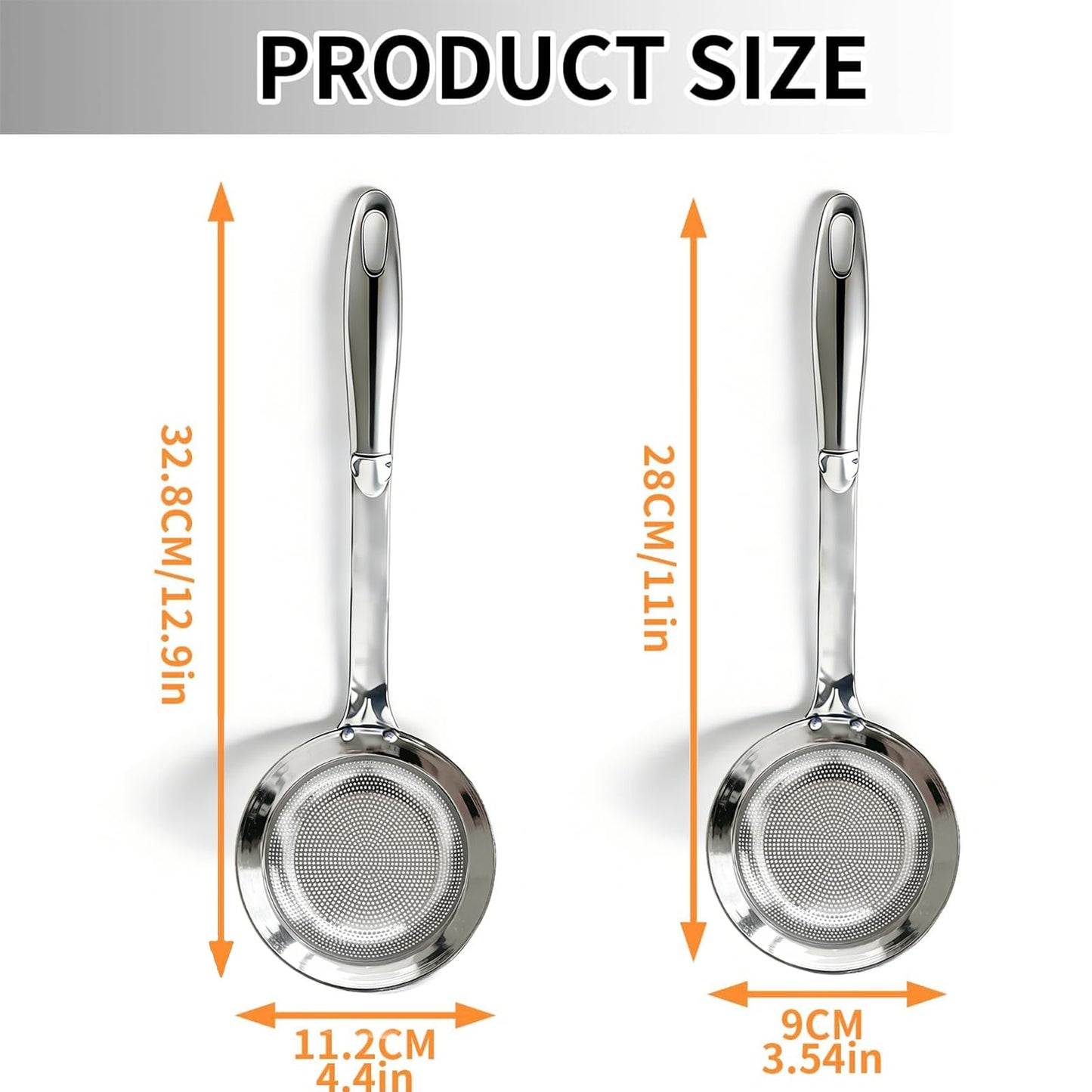 Stainless Steel Colander, 2024 Upgrade Extra Fine Mesh Strainer with Handle, Oil Filter Food Strainer, Kitchen Gadget (Small+Large)