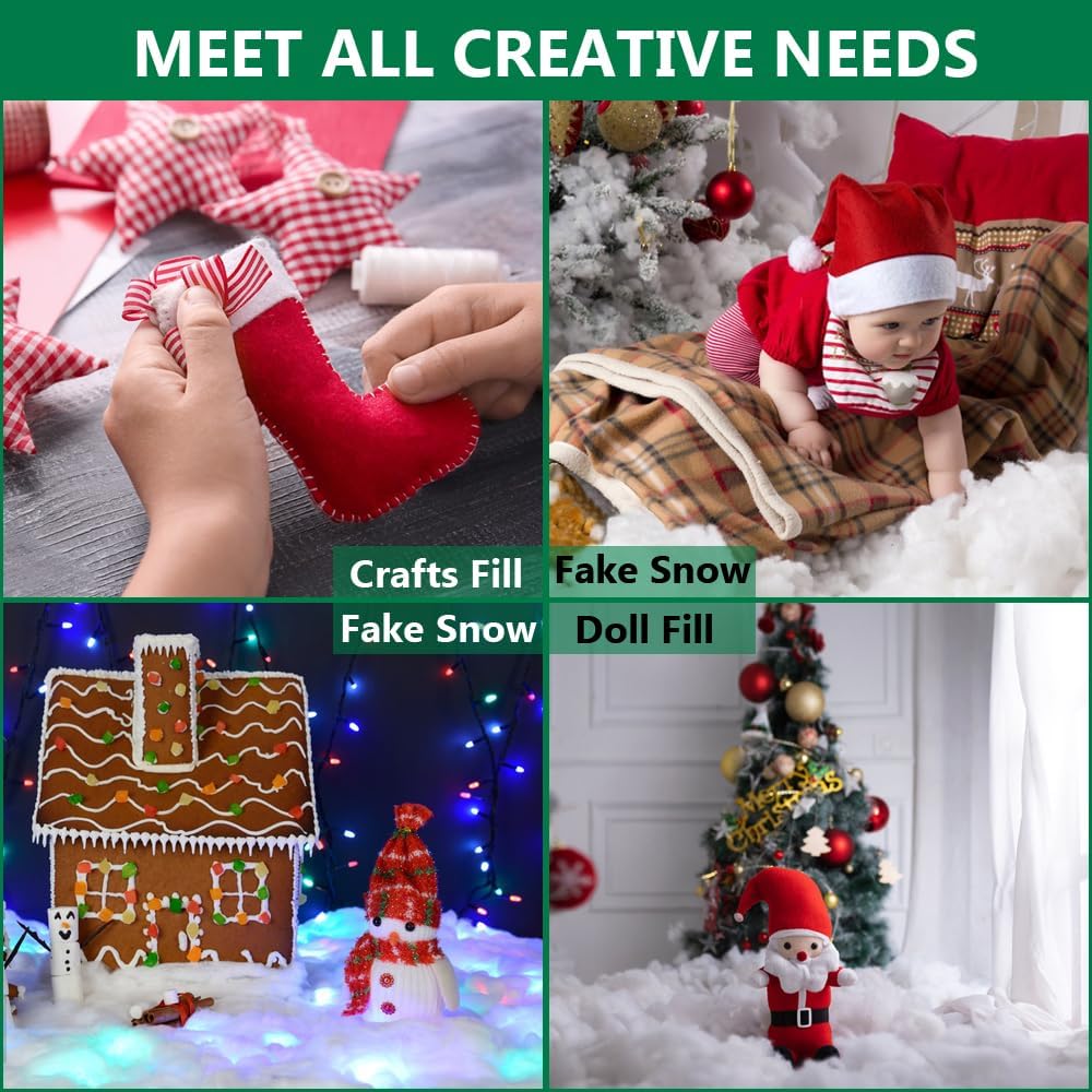 Skiennix Christmas Fake Snow Decor - 1LB Hypoallergenic & Flame-Resistant Artificial Snow Cotton | Easy Fluffing for Winter Decorations